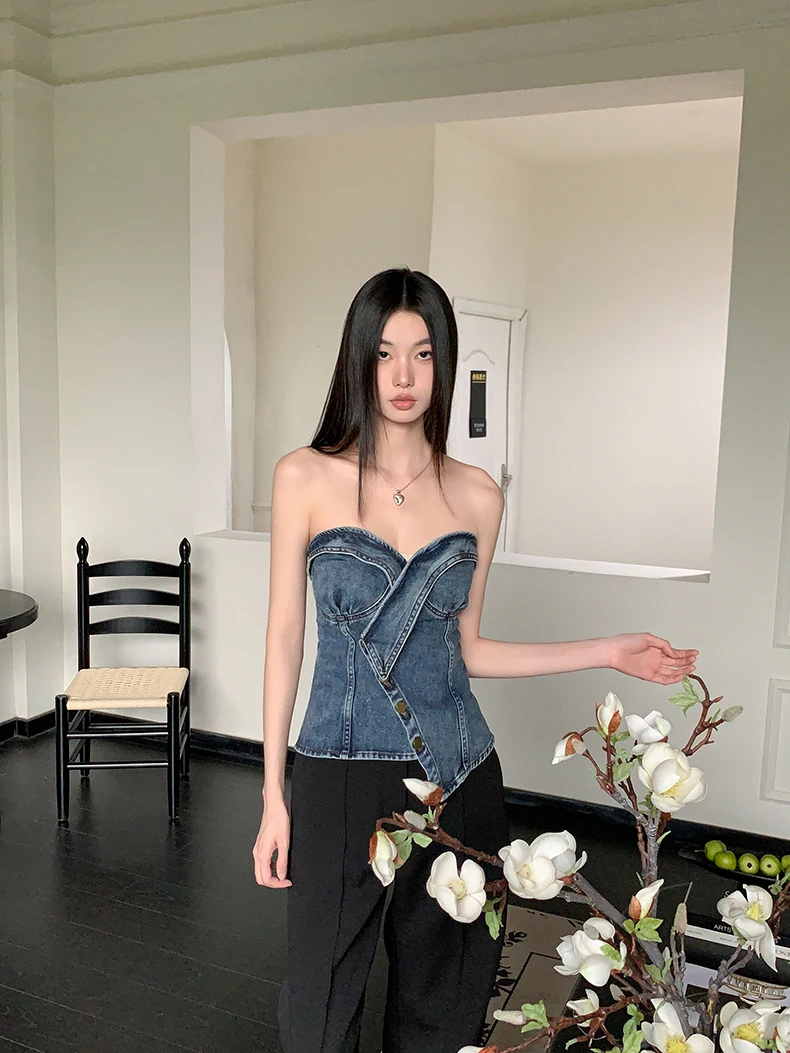 CHEERART Strapless Denim Corset Top Women Clothing Tanks & Camis High Fashion Designer Jean Top Summer Clothes