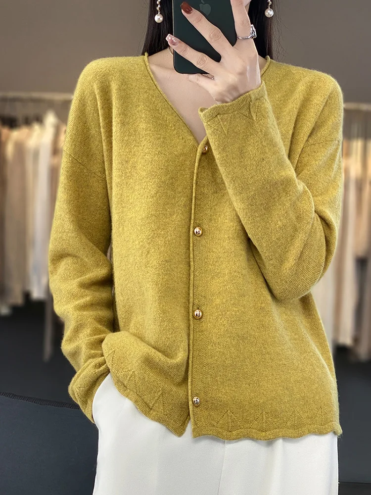 

100% Pure Wool Cardigan Women's V-Neck Loose Knit Coat Fashion Jacquard Female Jacket Long Sleeve Tops New Autumn Winter Sweater