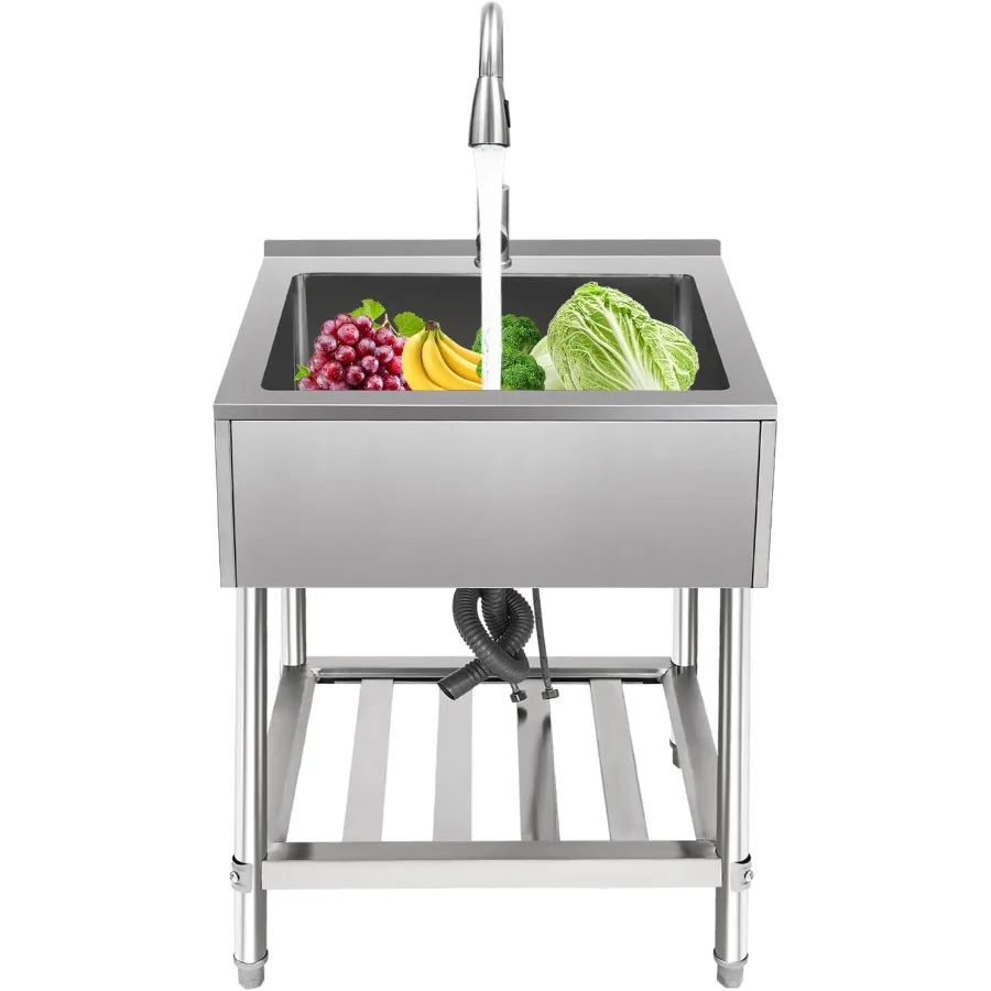 

Коммерческая кухонная мойка из нержавеющей стали с одной чашей 25 x 22 x 34,25 дюйма, смесителем с регулируемой температурой и сливной трубой для