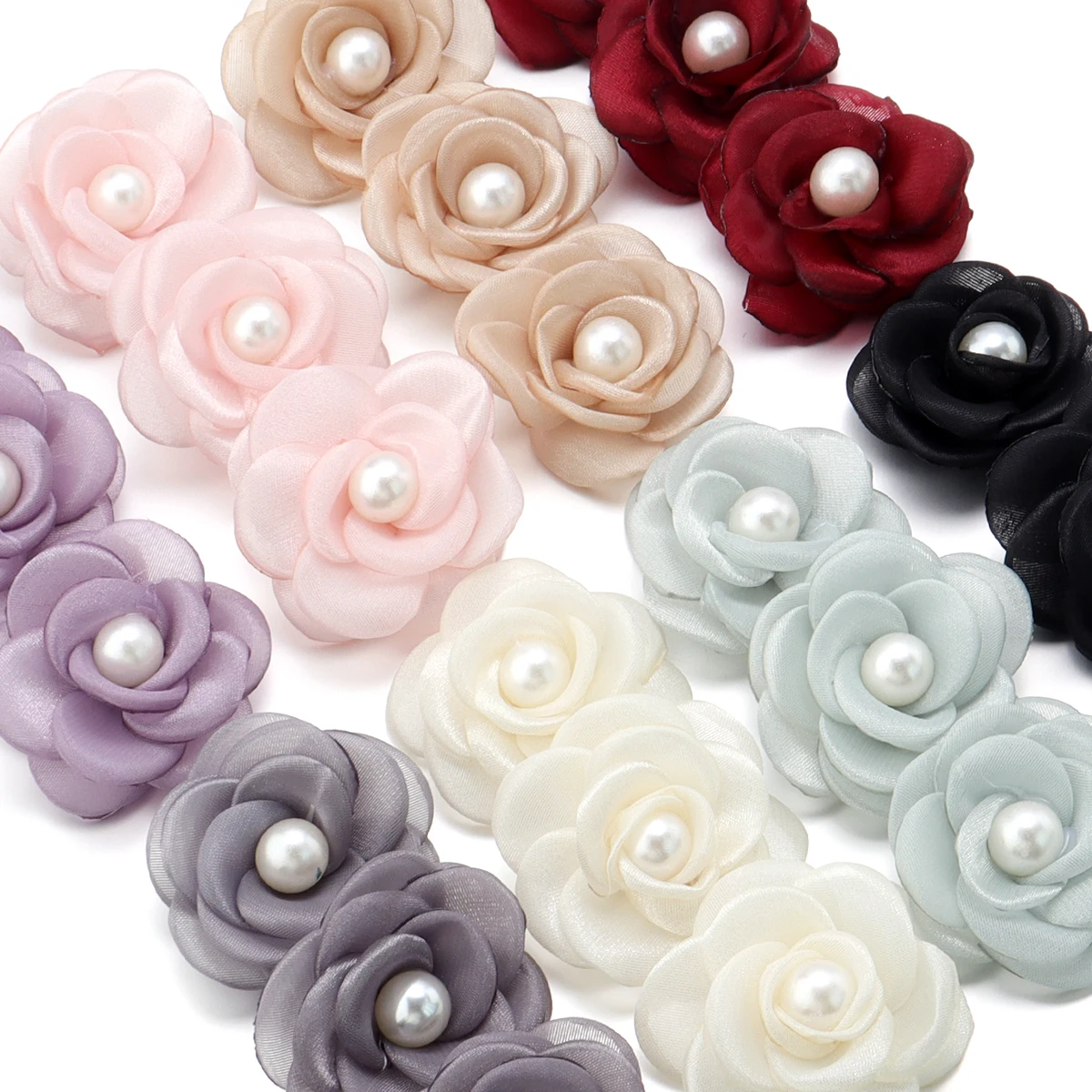 3pcs/pack 5cm Color Burnt Edge Camellia Handmade Mesh Pearl Camellias for DIY Jewelry Headwear Clothing Decoration Accessories