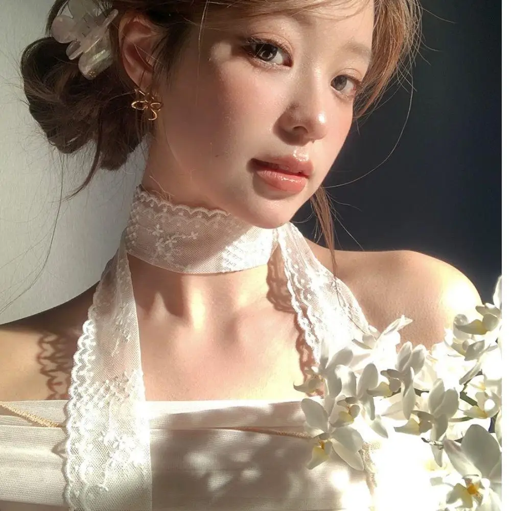 

150cm Women Narrow Long Scarf Y2k Thin Lace Scarf Black White Floral Embroidery Elegant Lace Neckband Scarf For Women Hairband