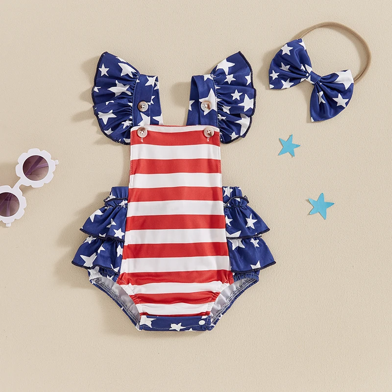 

2024-04-15 Lioraitiin Baby Girls Independence Day Romper Flying Sleeve Tiered Ruffle Stripe Stars Print Romper with Headband