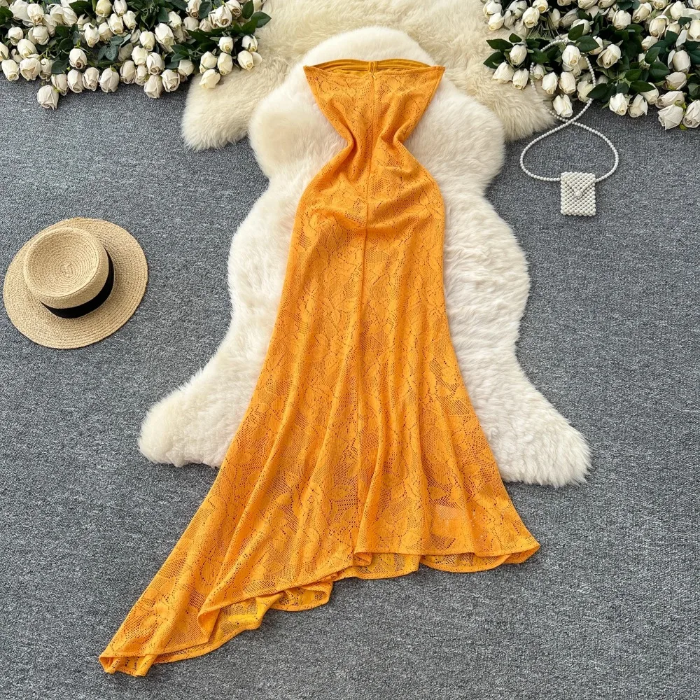 Chic vintage asymmetrical Strapless pencil dress Elegant Fairy korean fashion Boho Sundress women clothing Long dress