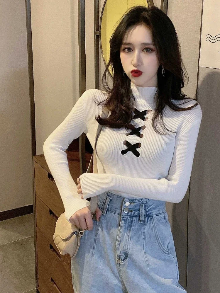 

Harajuku Hollow Out Women Pullover Autumn Vintage Slim Fit Y2k Aesthetic Tops New Streetwear Fashion Half High Collar Jumpers