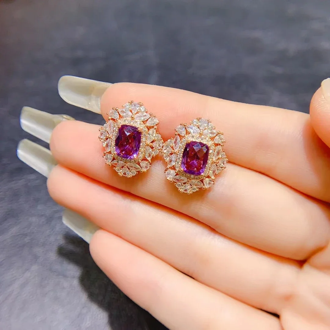 Total 2ct Natural Amethyst Stud Earrings for Wedding Antiallergic 925 Silver Amethyst Earrings with 3 Layers 18K Gold Plating