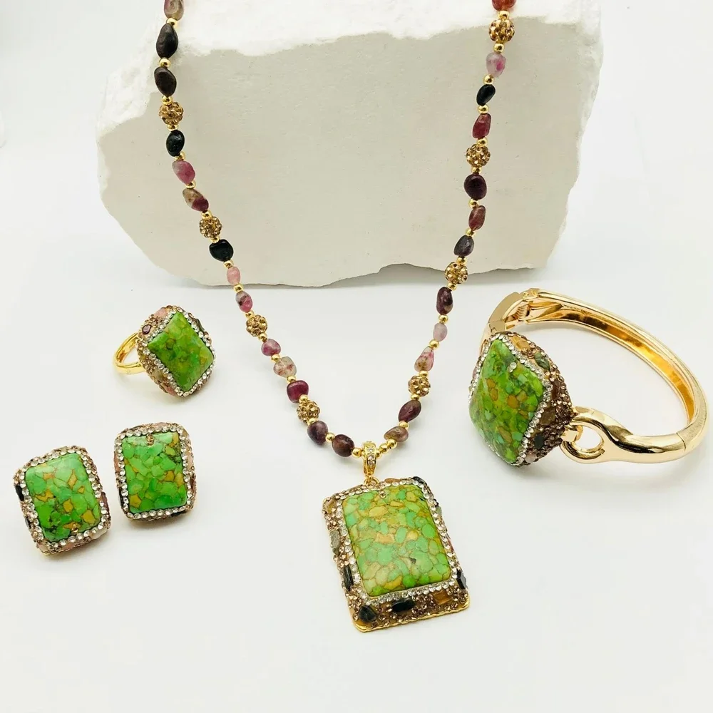 Square Green Tourquoise with Natural Tourmaline Crystal Sets Handmade Beaded Clay Quartz Stone Charm Necklace Earrings Jewelry