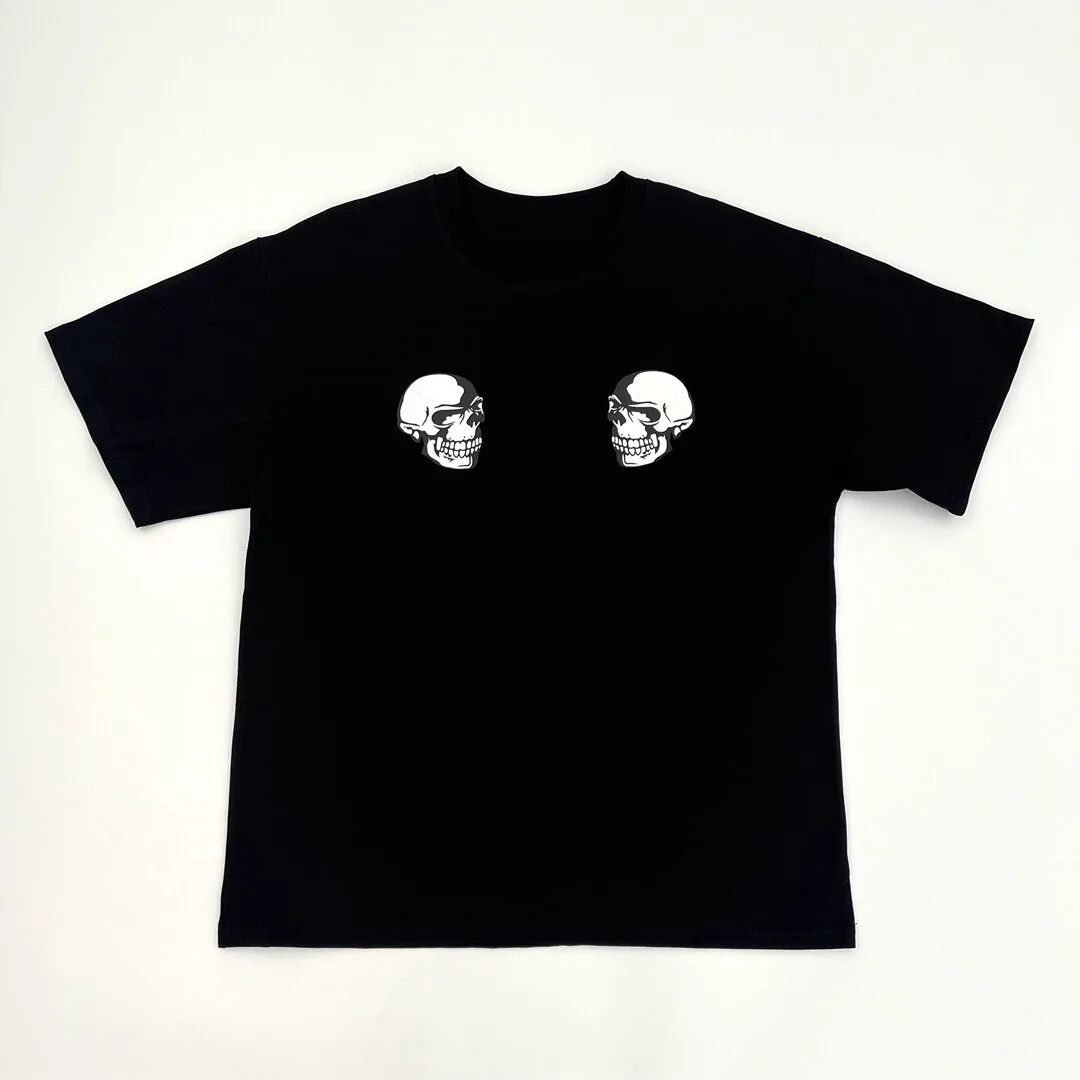 KK11 Number Nine N9 Skeleton Guitar Short Sleeve T-shirt Vintage Pop Print Black and White Couple