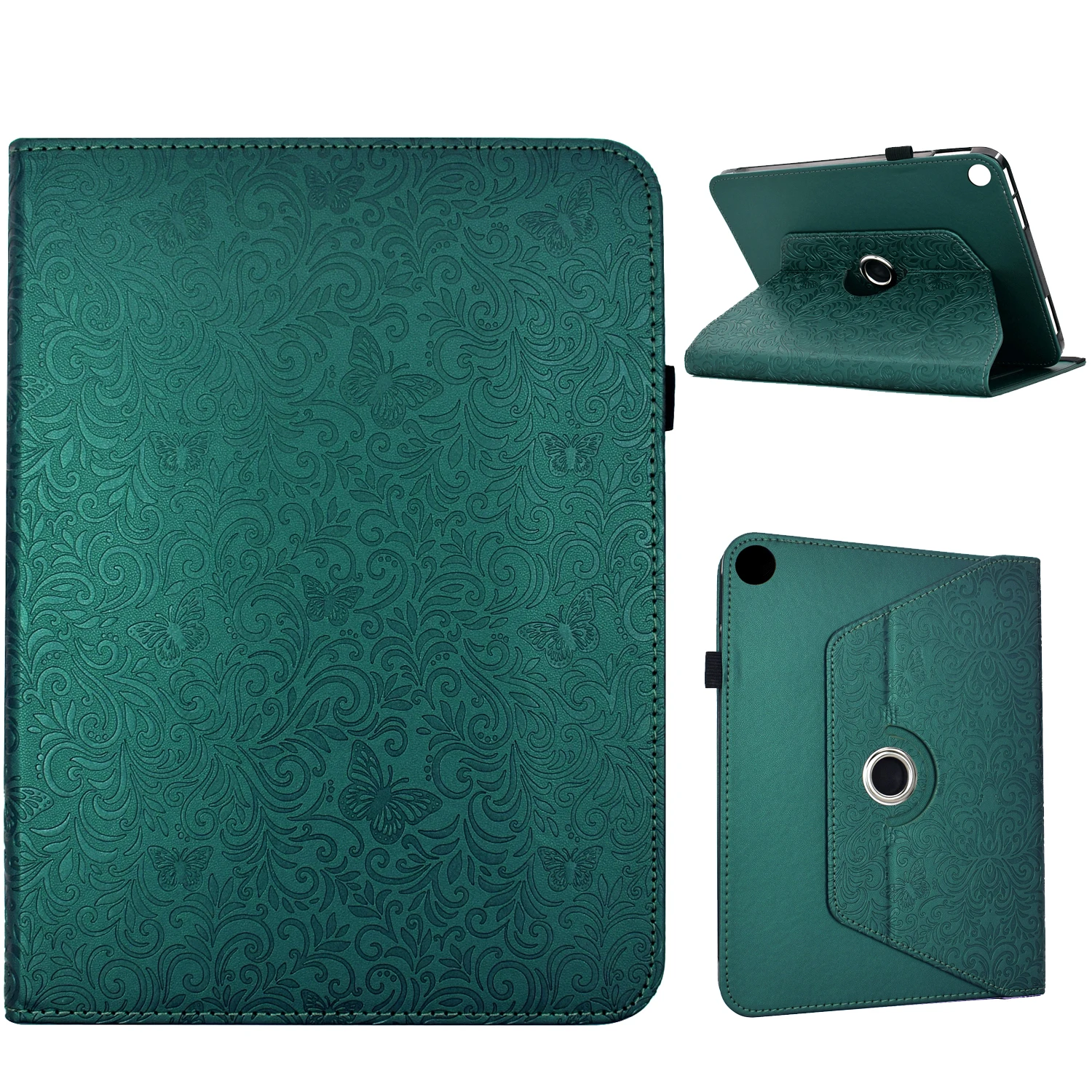 For Samsung Galaxy Tab A9  /  A11 Case Butterfly Flower Imrpint Leather Tablet Cover with Rotary Stand Card Holder - Green