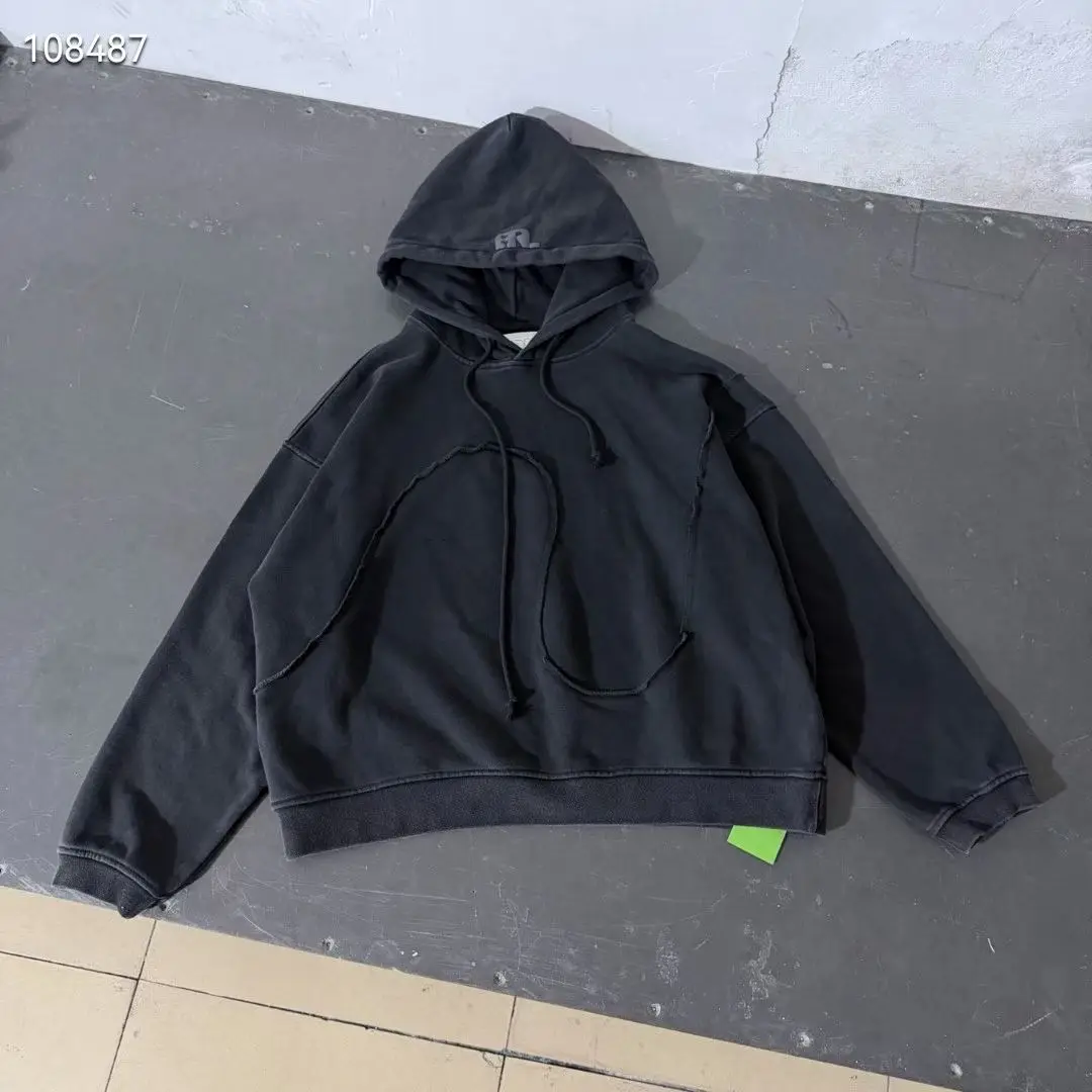 ERL Cropped Hoodie Raw Edge Curved Stitch Sweatshirts Men Women Drop Shoulder Solid Black Streetwear Casual Hooded Pullovers
