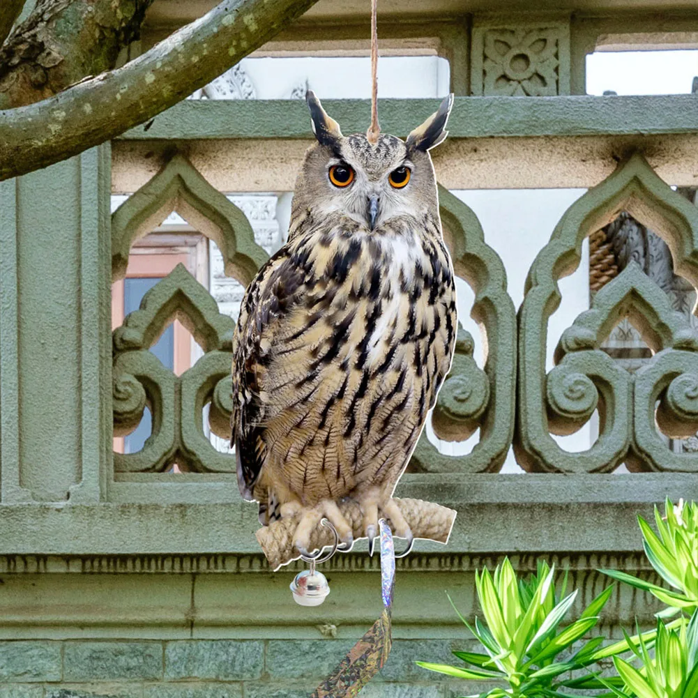 Owl Bird ScarerHead for Sound Realistic Fake Owl Control Garden Decor 2D Hanging Bird Repelling- Owl Bell Pendant