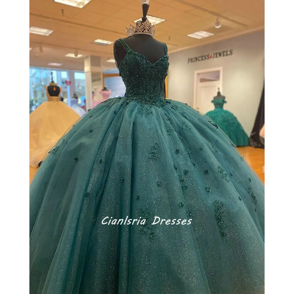 Vestidos de quinceañera sin mangas de tul de cristal verde esmeralda, vestido de baile con tirantes finos, apliques florales, ropa de fiesta dulce 15