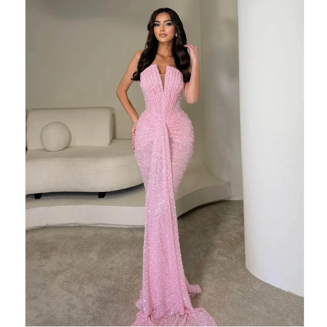

Pink Sequined Evening Dresses Strapless Pleat Mermaid Prom Dress Long Elegant Shiny Party Gown Gala Vestidos Customized
