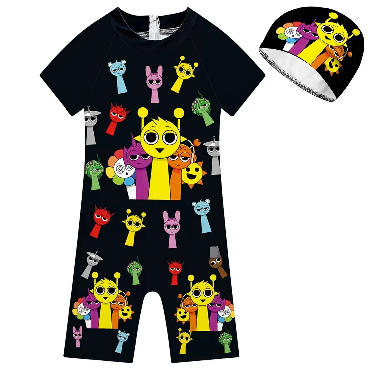 Summer Sprunki Plush Swimwear Kids Costume Toddler Baby One-piece Swimming Cap Bathing Suit Boys Girls Sprunki Print Beachwear view 2