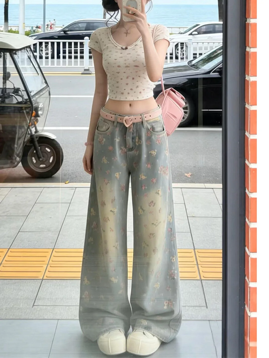 

American High Street Vintage Floral Wide Leg Jeans Women's New 2026 Spring Summer High Waist Slim Loose Straight Long Pants
