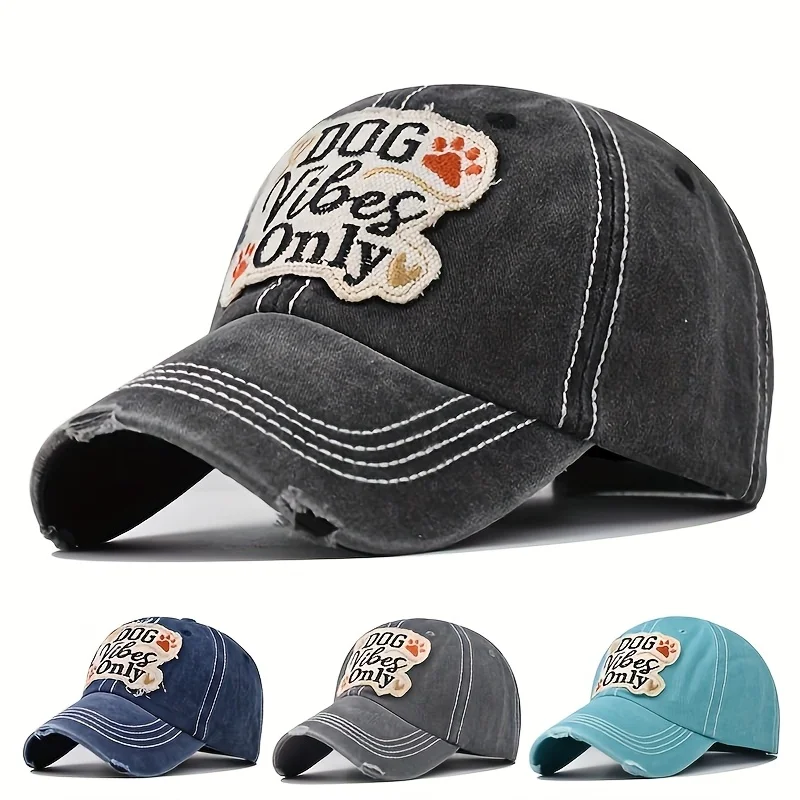 Czapka baseballowa DOG Vibes Only, vintage, z bawełny denim, unisex, regulowana, postarzana, typu dad hat, na zewnątrz, sportowa, chroniąca przed słońcem