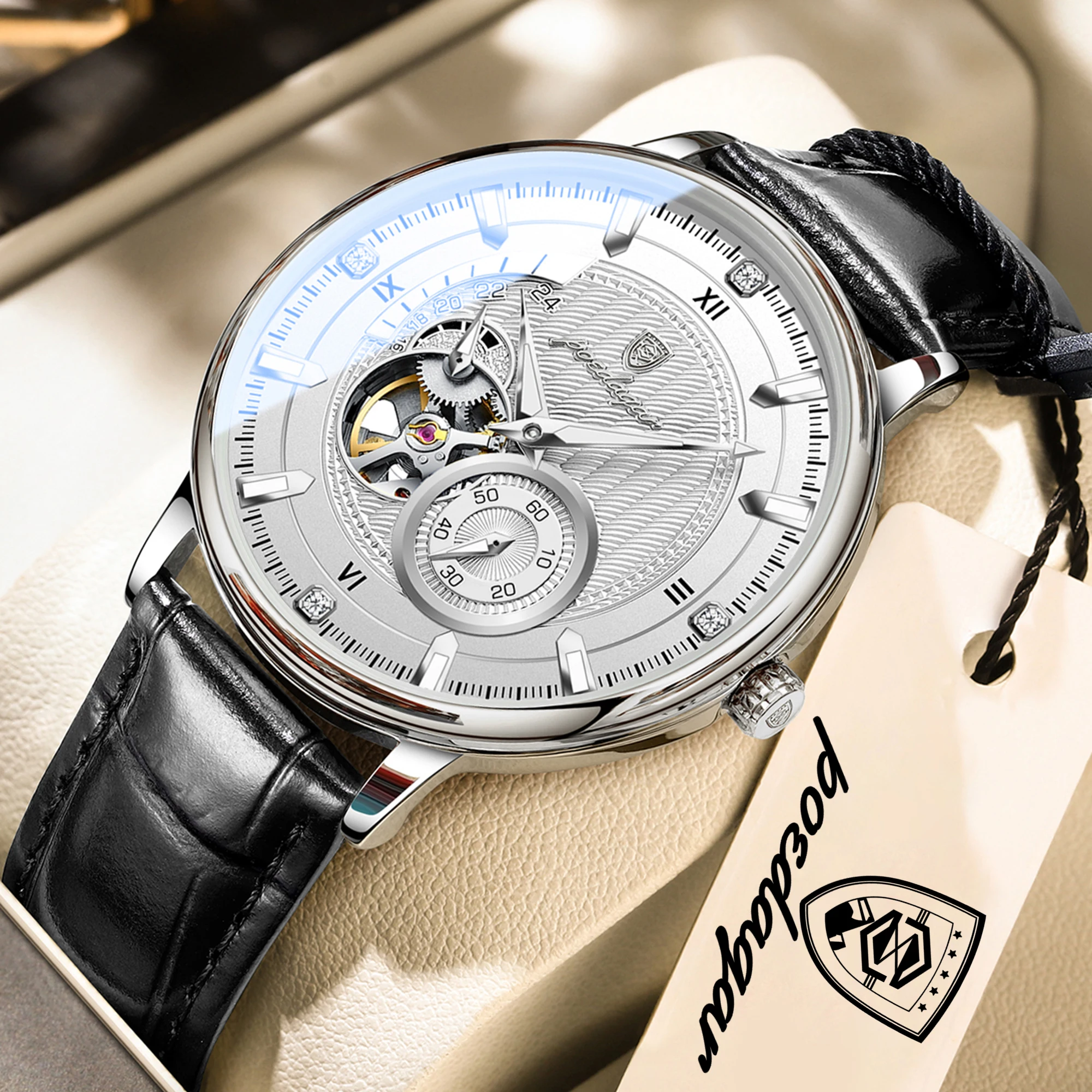 POEDAGAR Top Fashion Men Watch Luminous Waterproof Hollow Tourbillon Leather Male Clock Automatic Mechanical Sport Men's Watches