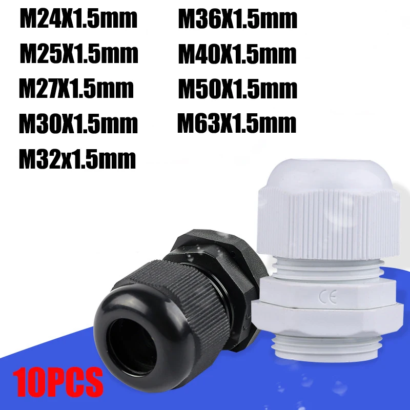 10 Uds M12x1.5 M16/18/20/25/32/36/40x1,5 Color negro conector de prensaestopas de plástico de nailon resistente al agua para Cable de 3-21mm