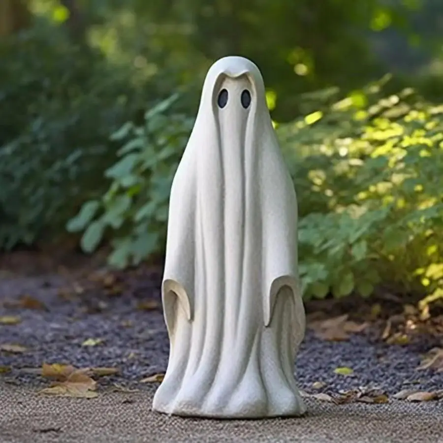 Cute Halloween White Ghost Resin Garden Statue Outdoor Yard Lawn Ornament Home Decoration Craft Gift Decor