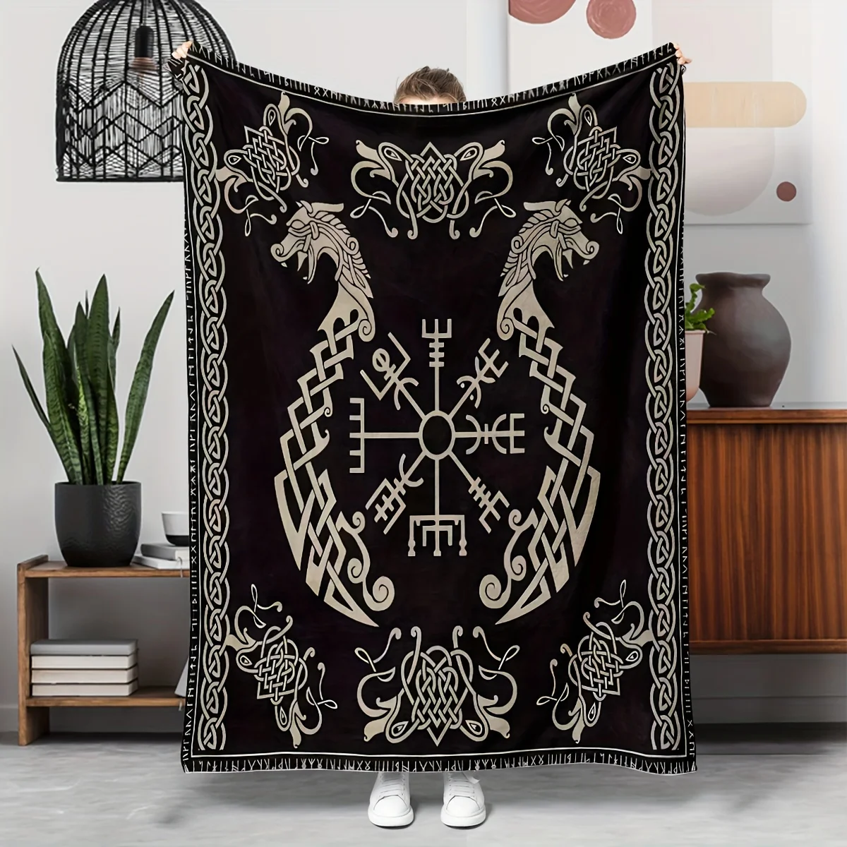 1pc Viking Symbol Dragon Blanket, Ancient Symbols Nordic Vikings Print Men and Women Covering Blankets, Suitable for Sofa, Bed,