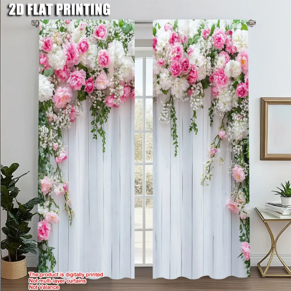 2pcs, Window Curtain 2D print Pink Floral Polyester Woven (without rod) Outdoor Decorations Use for Living Room, Bedroom, Office