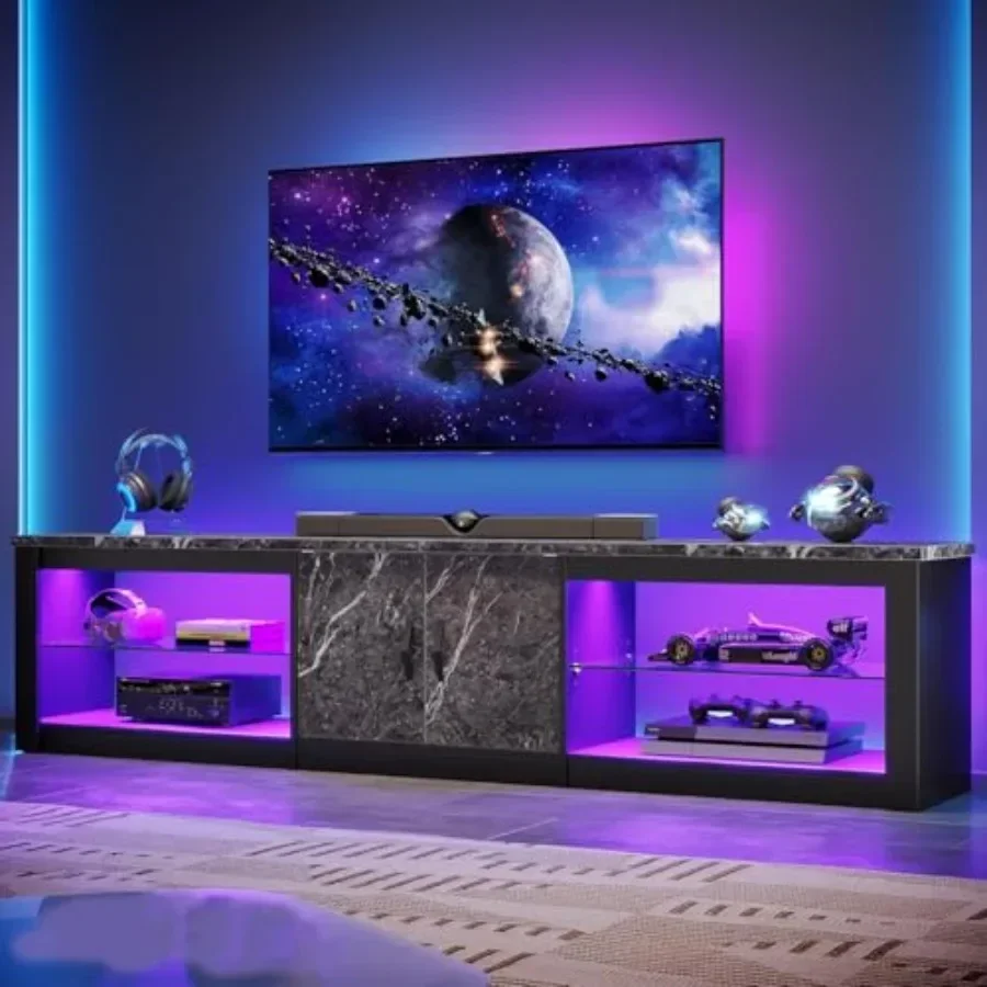 Living Room TV Stand for 75/85/86 Inch TVs, Engineered Wood in Black, with Tempered Glass Shelves and Cable Management for PS5