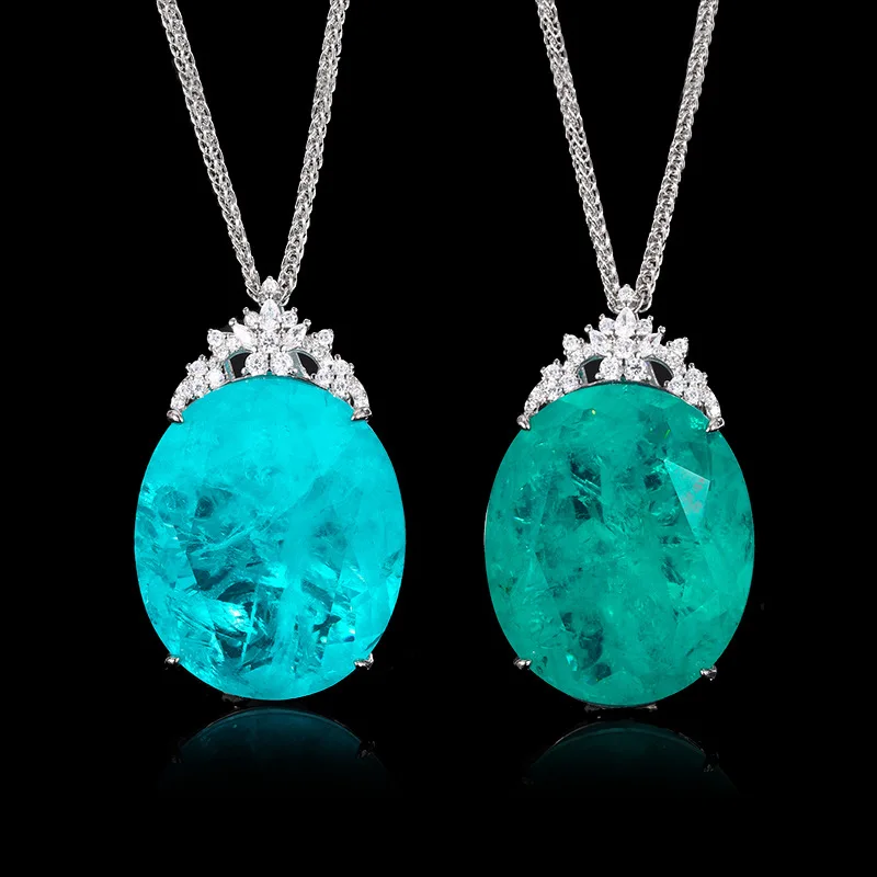 Oval Simulated Paraiba Gem Pendant Necklace Crown Cluster Pave CZ Large Stone Luxury Statement Women Jewelry