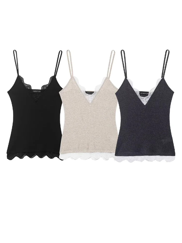 HH الصيف المرأة الجديدة أنيقة تنوعا حبال أكمام الخامس الرقبة محبوك أعلى الإناث مثير عارية الذراعين الدانتيل الديكور الصلبة البنطال القصير #1