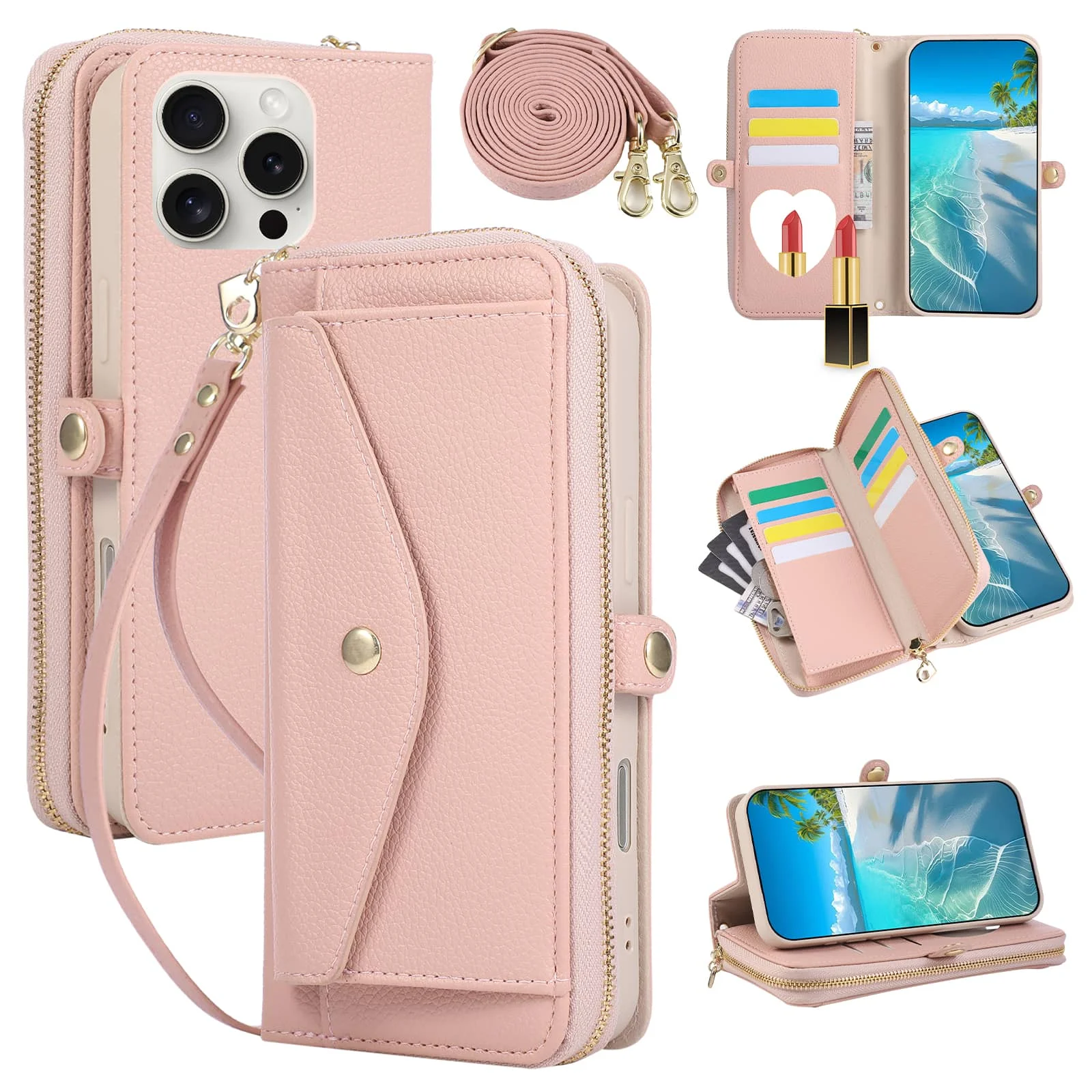 

WEFOR Luxury Crossbody Case for iPhone 15 14 13 12 11 Pro Max XR XS Max 7 8 Plus SE Card Slot Mirror Kickstand Strap Wallet