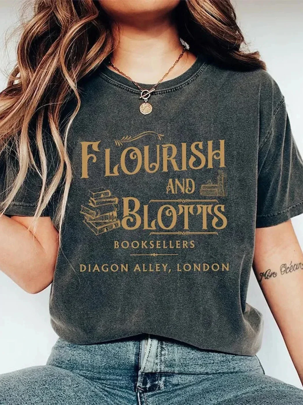 Flourish And Blotts Tshirt 100% Cotton Washed Distressed Top Dark College T Shirt Subtle Bookish Merch Y2K Top