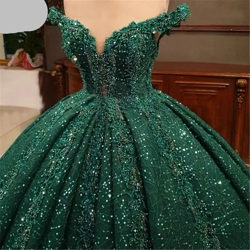 

Blackish Green Sequined Flower Girls Quinceanera Dress Off Shoulder Shiny Beads Ball Gown Sweet 16 Year Princess Dresses For 15