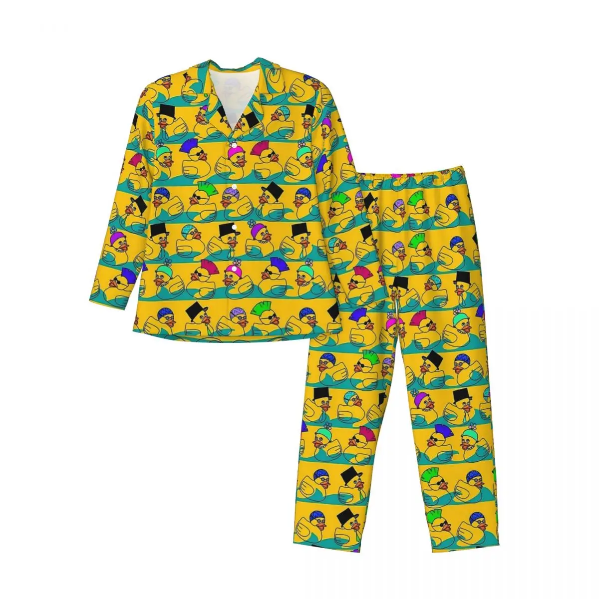 Engraçado patos de borracha impressão conjunto de pijama primavera casa pijamas masculino duas peças casual padrão oversized casa terno presente aniversário