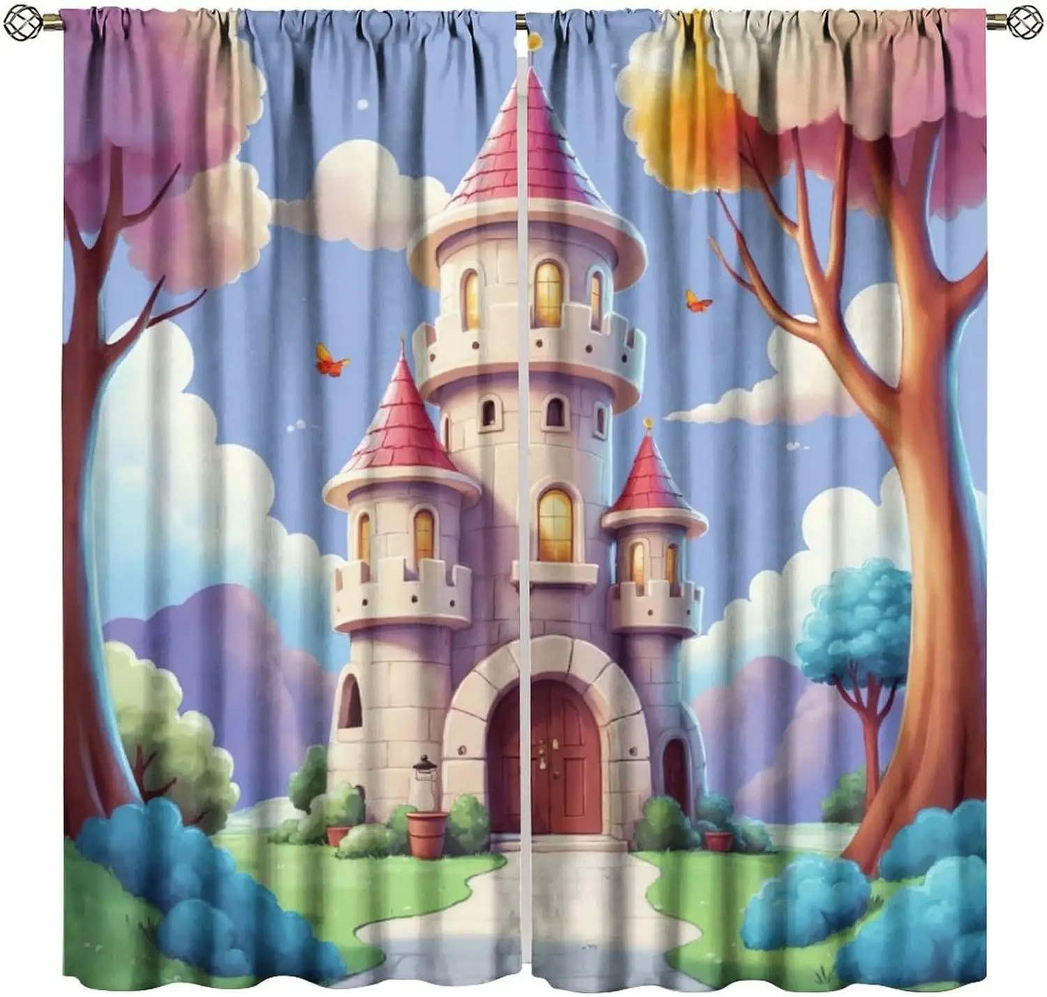 Fairy Tale Castle Window Curtains, Cartoon Princess Castle with Colorful Trees Print Drapes,Fantasy Kids Decor for Girls Bedroom