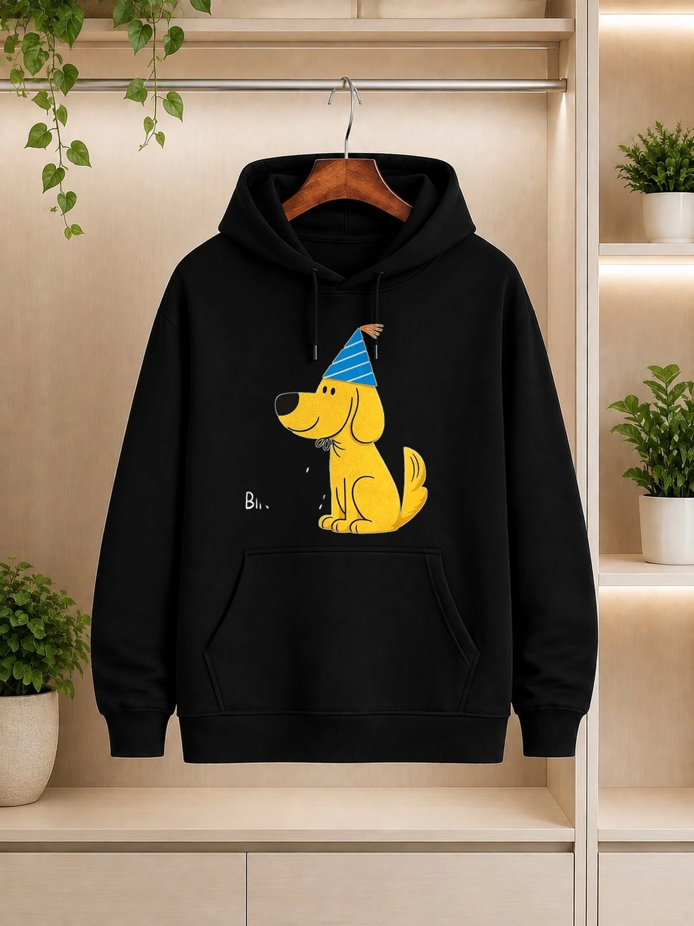 Vintage Pattern Hoodie, Cute Cartoon Style, Men's Hoodie, Yellow Puppy Wearing a Blue Party Hat, Blowing Confetti, Birthday Celebration Season Gift, for Dog Lovers and Friends