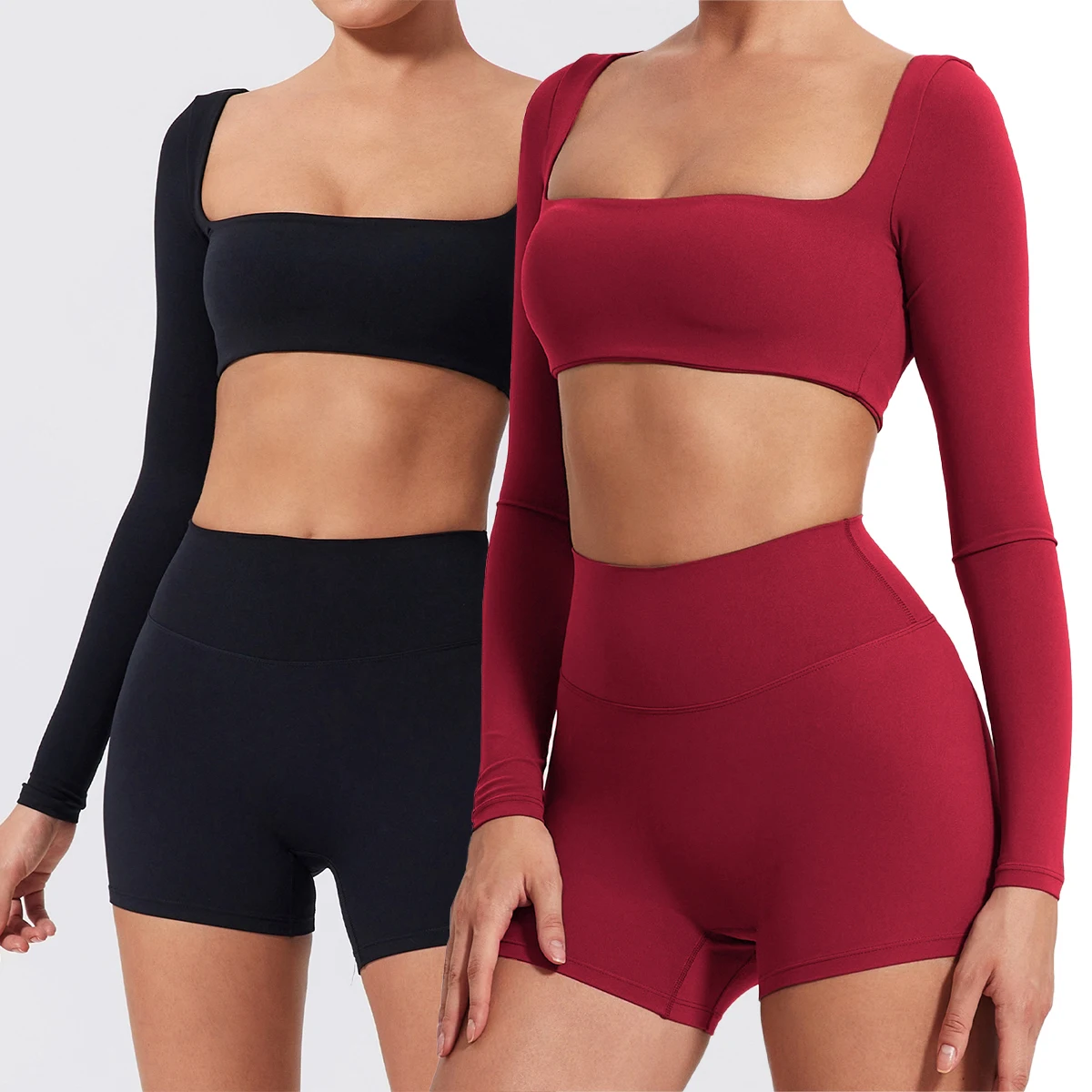 

2-Piece Women's Quick Drying breathable Top Seamless Sexy Square Neckline Yoga Long Sleeves Crop Top Gym Running Sportwear