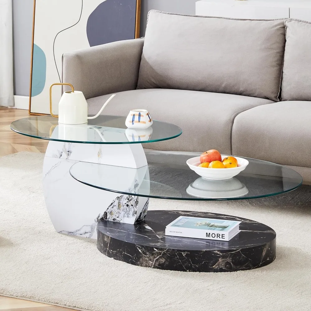 47" Glass Coffee Table, Oval Coffee Table, 3-Tier Design with Oval Tempered Glass Tabletop and White Black Color Wooden Base, La