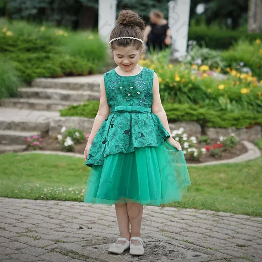 Customized Lovely Green Flower Girls Lace Dresses O Neck Sleeveless A Line Sequined Casual Wear Children Clothing Vestido Kids