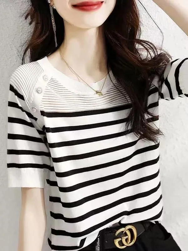 

Женская футболка Ele из ледяного шелка в полоску, трикотажная, с коротким рукавом, от бренда Outlet, пошитая на заказ, удобная, с V-образным вырезом, повседневный топ