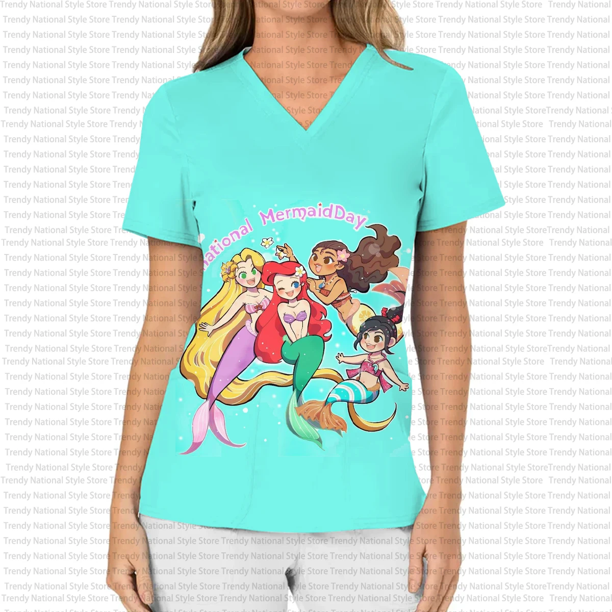 Irmãs moda casual workwear disney princesa impressão dental spa laboratório com decote em v fosco topo vestido médico camiseta