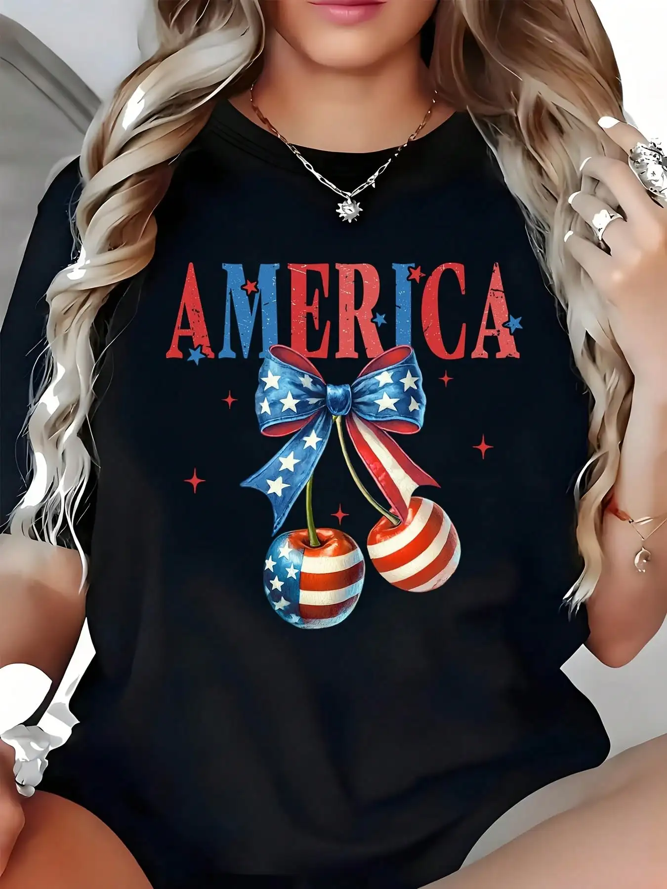 Women Casual T Shirt America Flag Cherry Bow Print For Independence Day Game Day Mama Patriotic Celebration 4th Of July ,Summer Parties Daily Wear and Themed Parties, Comfortable Pure Cotton Fit Graphic Shirt Perfect for Casual Style,Summer Top