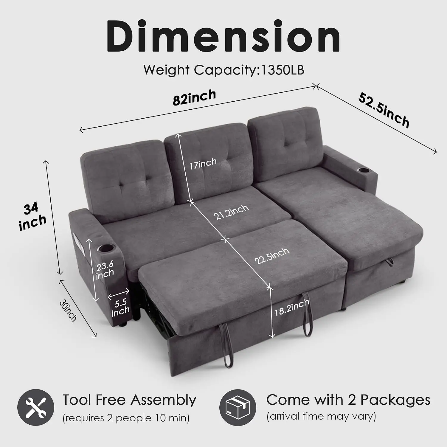 Reversible Sectional Sofa Bed With Storage Chaise Pull Out Sleeper USB Charge Cup Holder, Customized