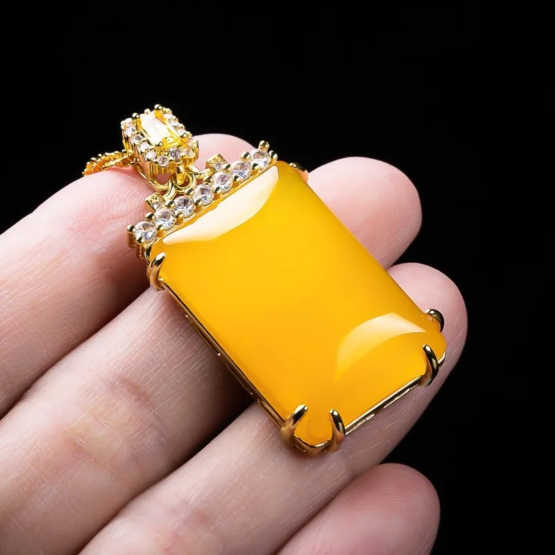 Authentic, fully yellow chalcedony-inlaid pendant with a "peace and safety" charm, designed as a couple's necklace accessory view 3