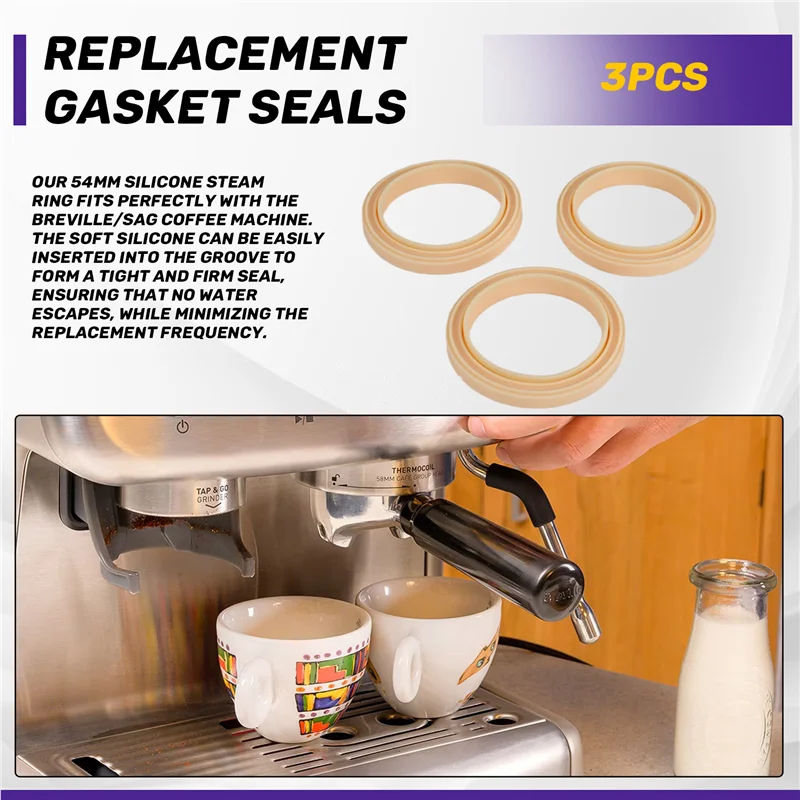 A05G-3Pack Silicone Steam Ring, Grouphead Gasket 54Mm Parts For Breville Espresso Machine 878/870/860/840/810/500/450/ Sage 500/