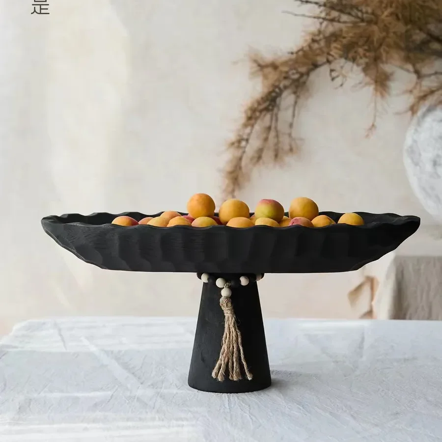 Wabi Sandy Wind Retro Fruit Plate B & B Hotel Living Room Premium Decorations Ornament Solid Wood Old High Foot Plate