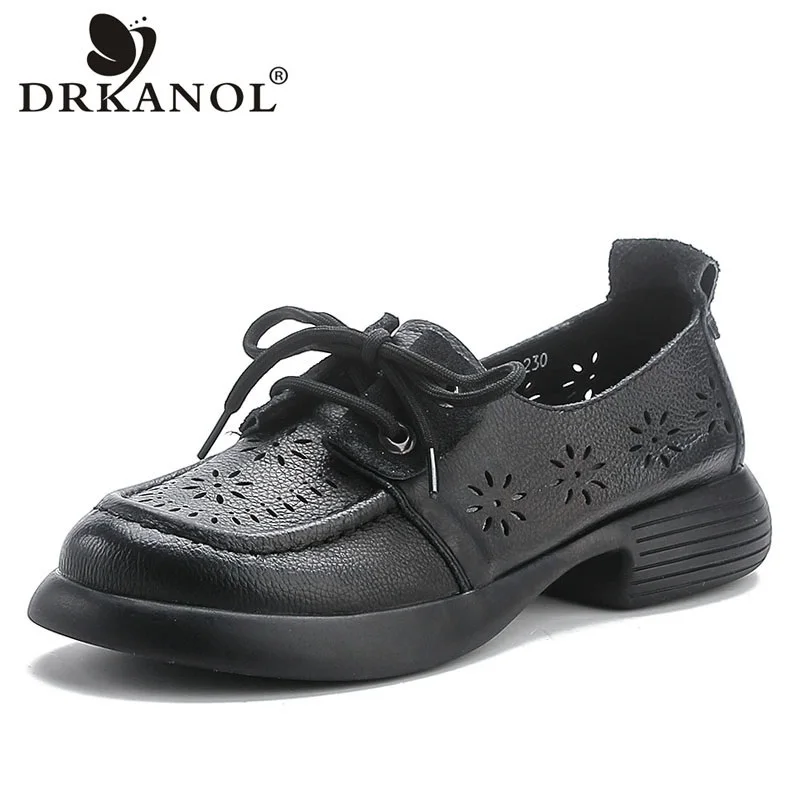 

DRKANOL British Style Flat Heel Shoes For Women Genuine Leather Lace-Up Round Toe Hollow Breathable Low Heel Casual Oxford Shoes