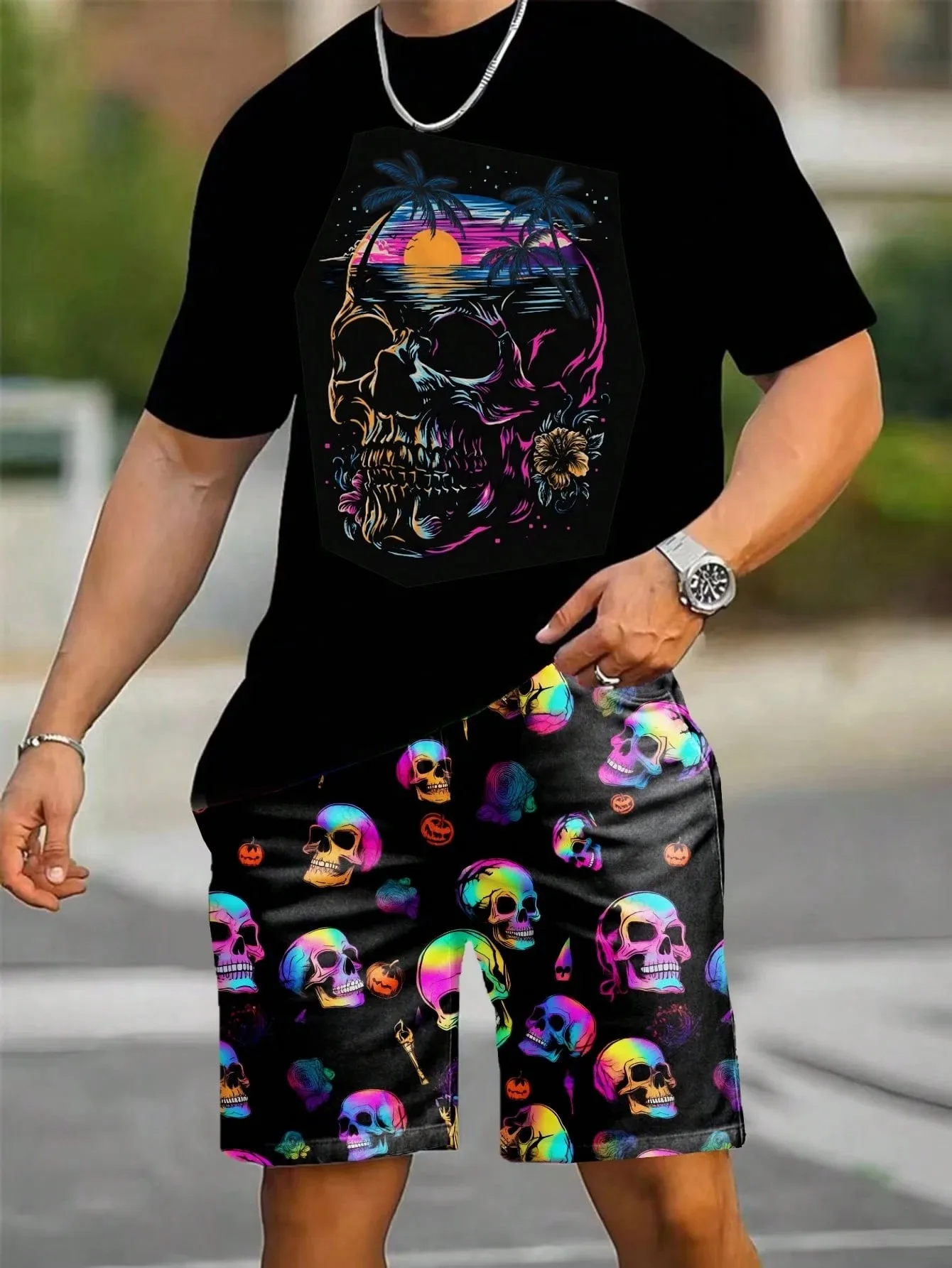 

2026 Summer Men's Suit with Skull Pattern Breathable and Lightweight Casual Roller Skating Hip-Hop Men's Clothing