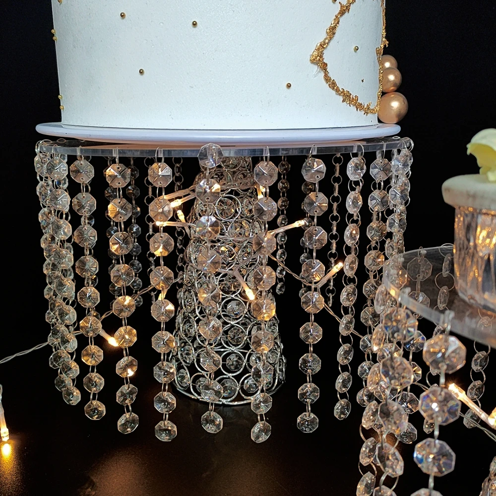 1pcs-3pcs/lot  Round Cake Serving Stand with Crystal  Dessert Cupcake Pastry with Hanging Acrylic Crystals for Wedding Event