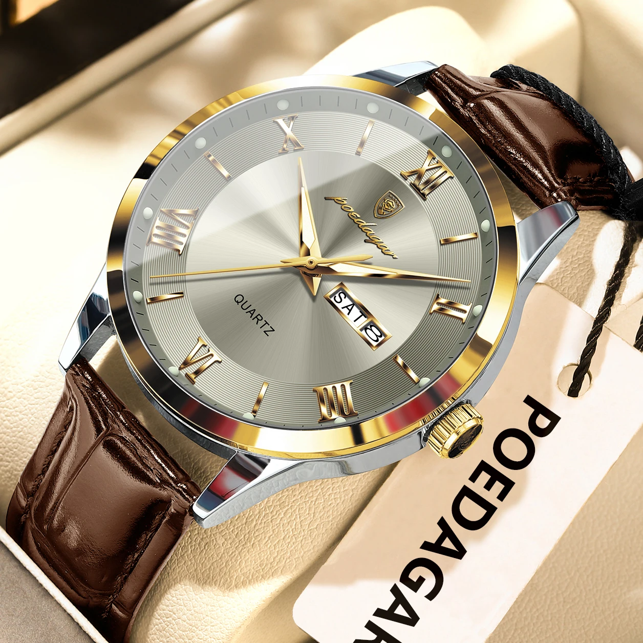 POEDAGAR Original Fashion Watch For Man Leather Date Week Quartz Men Watch Waterproof Luminous Business Men's Watches Male Reloj