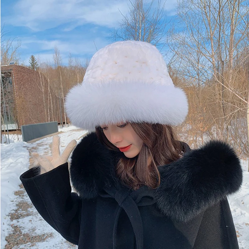 New Style Female Fashion Knitted Fluffy Real Rex Rabbit Fur Hat Women Outdoor Winter Warm Natural Fox Fur Hats Lady Knit Fur Cap