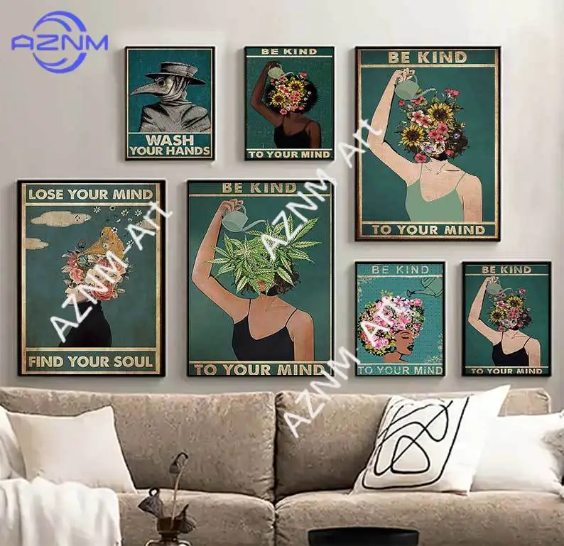Girl Mental Health Poster Mental Be Kind To Your Mind Positive Art Prints Woman Vintage Canvas Painting Home Decor