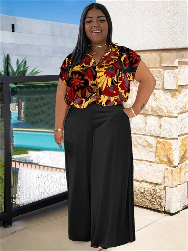 Wmstar Plus Size Two Piece Sets Mulheres Vestuário Impresso T-shirts Tops e Calças Sólidas Bolsos Perna Larga Atacado Dropshopping